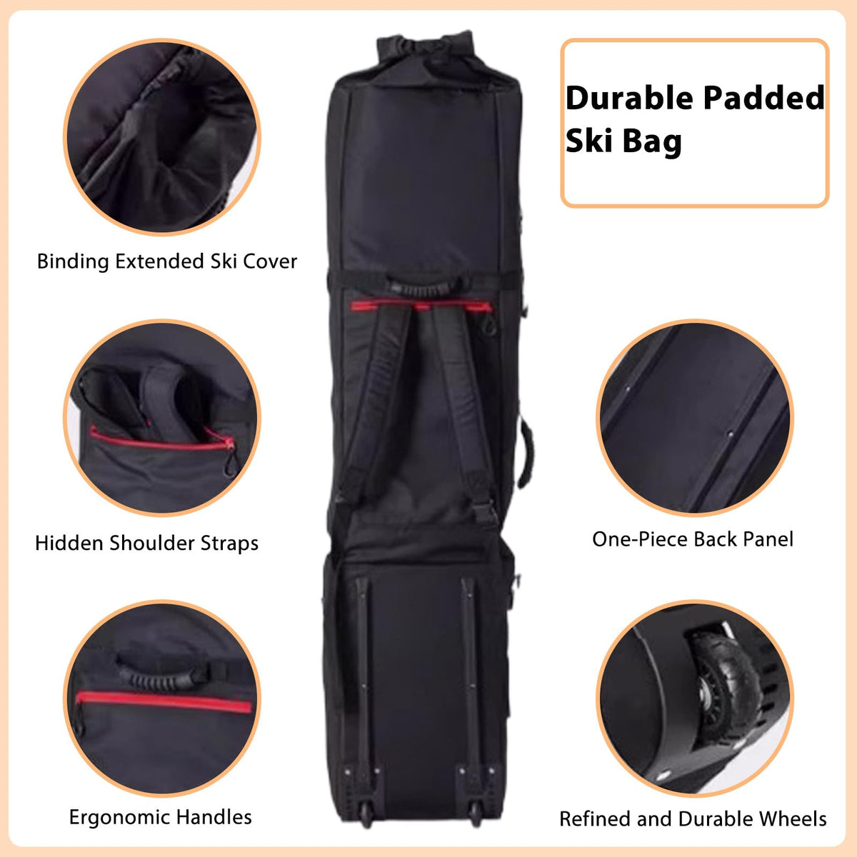 Padded Snowboard Bag with Wheels, Heavy-Duty Wheeled-Ski Travel Bag, Storage Ski Board Boots, Helmet, Jacket for Flying Air Travel, 65 Inch (Extendable to 80.7 Inch),Red