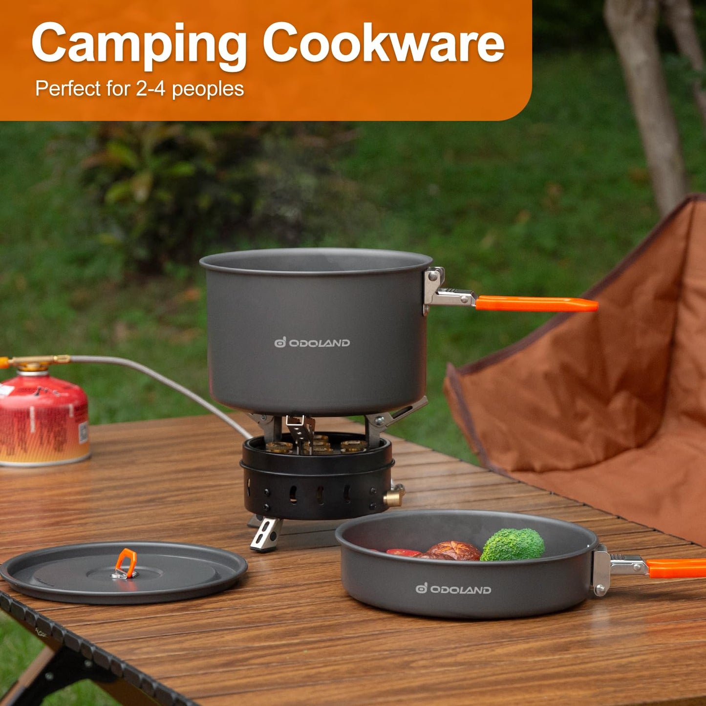 Odoland Camping Cookware Mess Kit, Non-Stick Lightweight Camping Pot and Fry Pan Set with Mesh Bag for Backpacking, Outdoor Cooking and Picnic, for 3-4 People and More