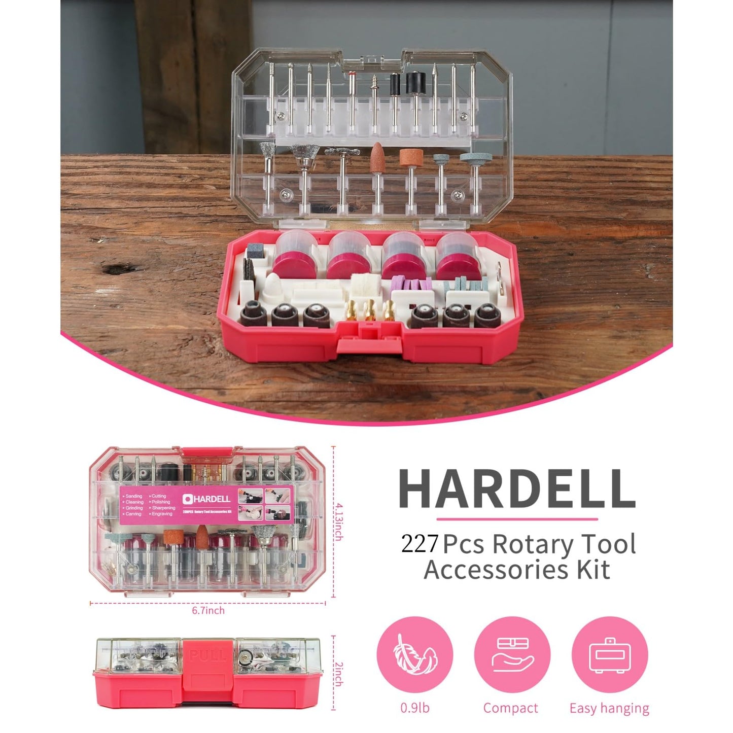 HARDELL Rotary Tool Accessories, 230pcs Power Rotary Tool Accessories Kit, 1/8"(3.2mm) Diameter Shanks, Universal Fitment for Easy Cutting, Polishing, Sanding, Carving, Grinding(Pink)
