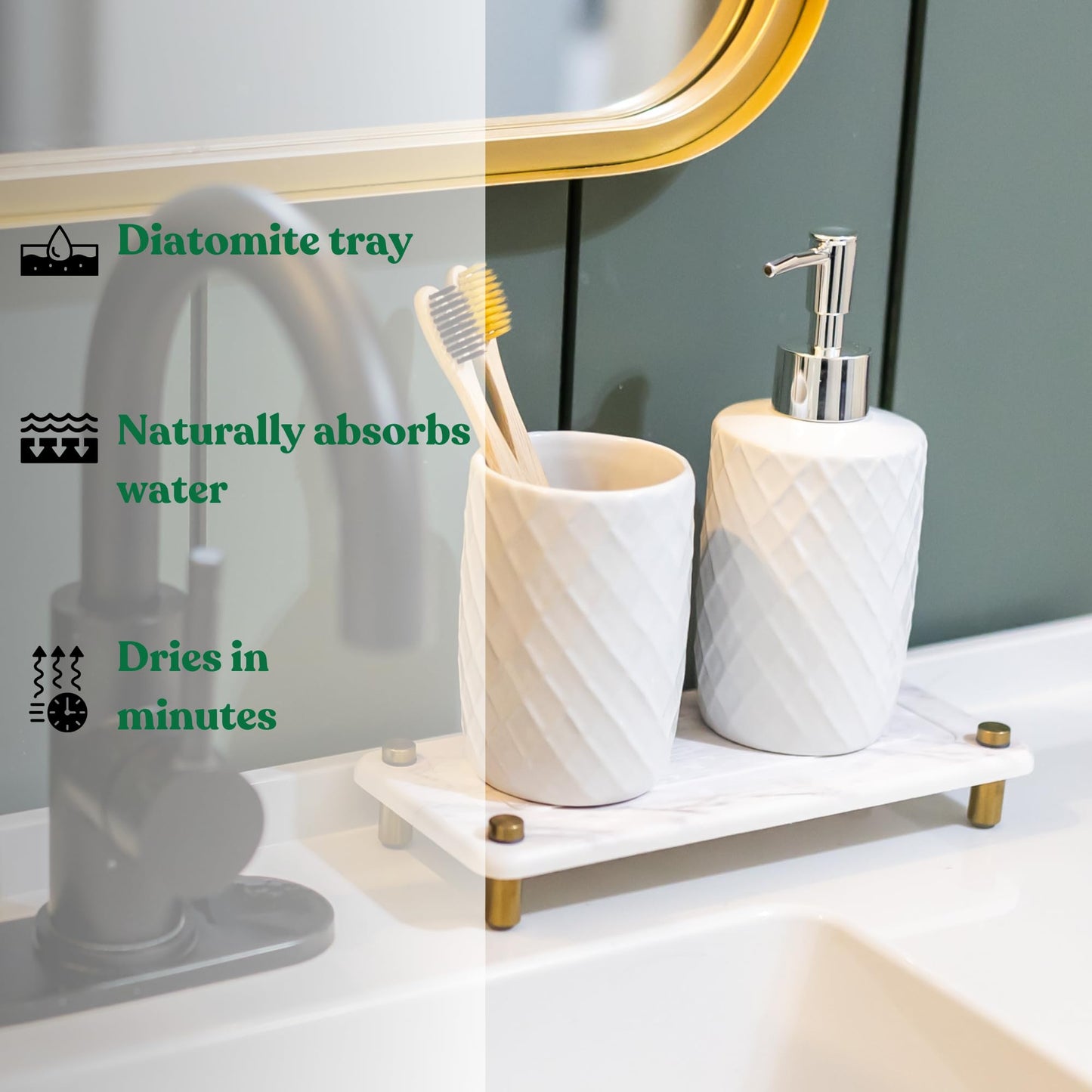 Fast Drying Stone Sink Caddy Made of Diatomaceous Earth | Water Absorbing Stone Tray for Bathroom | Instant Dry Sponge Holder for Kitchen Sink New Longer Size (Marble print on white diatom)