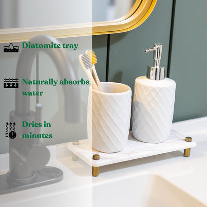 Fast Drying Stone Sink Caddy Made of Diatomaceous Earth | Water Absorbing Stone Tray for Bathroom | Instant Dry Sponge Holder for Kitchen Sink New Longer Size (Marble print on white diatom)