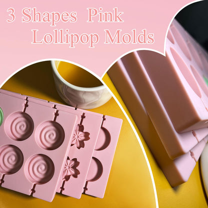 3Pcs Lollipop Mold Kit, 36 Capacity CHELIZIYA 3 Shapes Pink Silicone Candy Molds, Non-Stick Silicone Flower Chocolate Mold with 100Pcs Sticks, 100Pcs Bags, 100Pcs Ties for Party