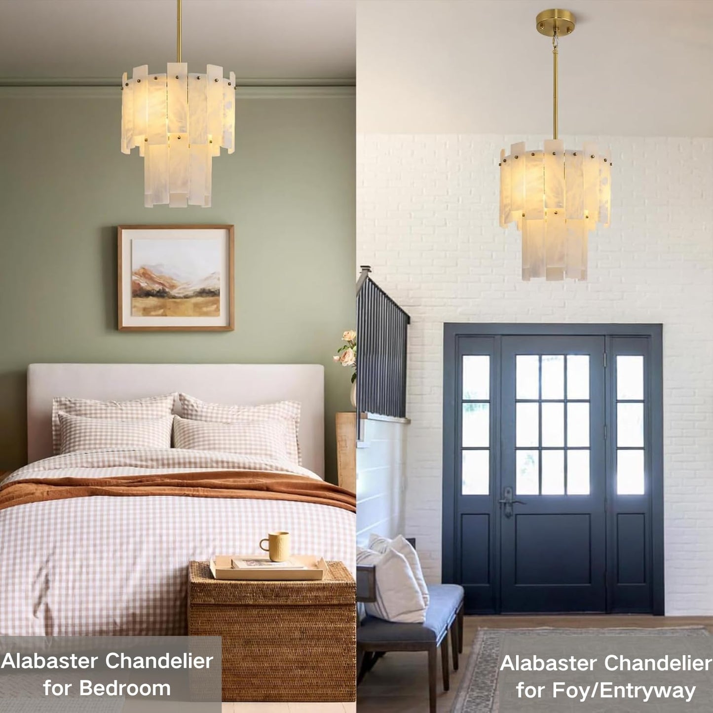 PIOUTNF Alabaster Round Chandelier, 2-Tier Spanish Alabaster Chandeliers, Warm White, 13" Modern Small Gold Marble Pendant Chandeliers for Foyer, Kitchen Island, Dining Room, Bedroom