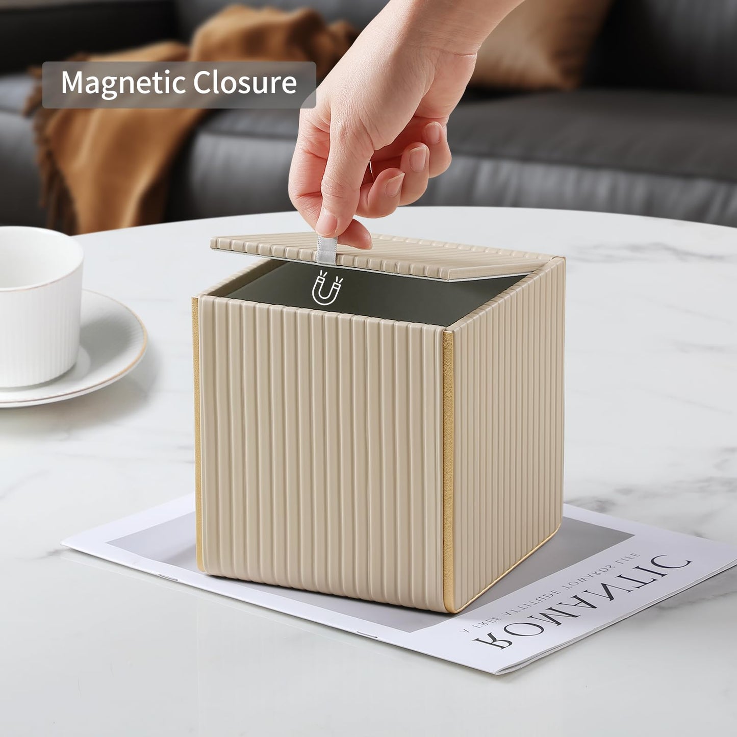 Square PU Leather Tissue Box Cover with Magnetic Closure, Decorative Tissue Holder & Storage Container for Bedroom, Living Room, Dining Room, Bathroom, Countertop, Desk & Office (Beige)