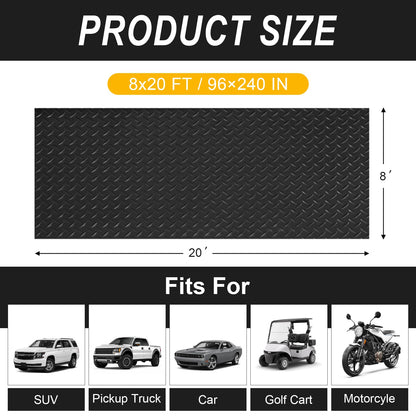Grandroad auto 8x20 FT Garage Floor Mat, 2.8mm Thickened Flooring Roll for Under Car Diamond Plate PVC Rubber Mat with 20 Pcs Tapes, Non-Slip Floor Mat for Garage, Warehouse, Gyms, Trailer, Black