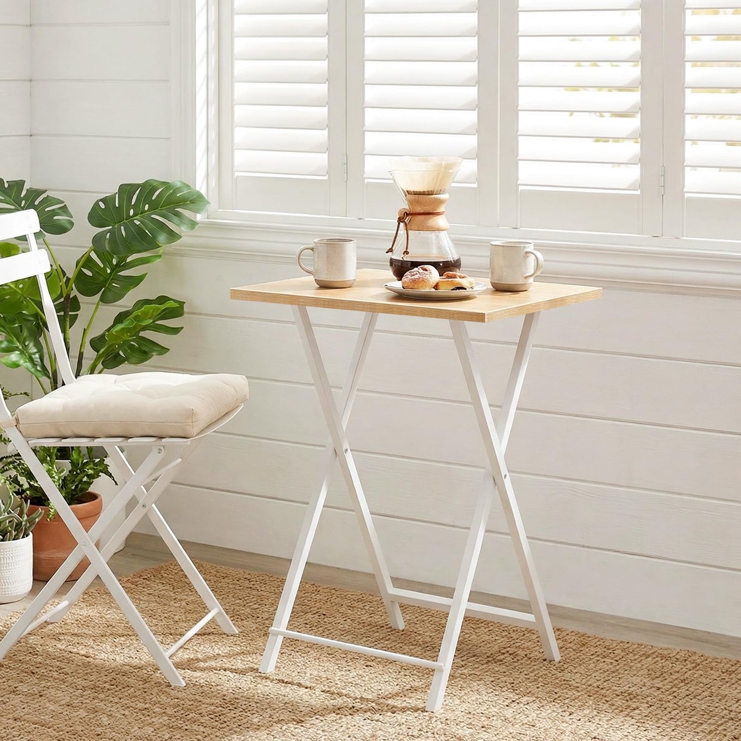 HOOBRO Folding TV Table, TV Tray, Stable Snack Table for Small Space, Portable Sofaside Desk, Easy Assembly and Storage, Ideal for Snacks and Meals in Living Room, Natural and White, WN15BZ01
