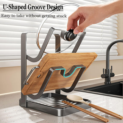 POCONT Kitchen Pot Lid Storage Rack, Carbon Steel Pot Lid Holder with Spoon Rest While Cooking, Multifunctional Countertop Organizer with Removable Drip Tray for Cutting Boards, Ladles