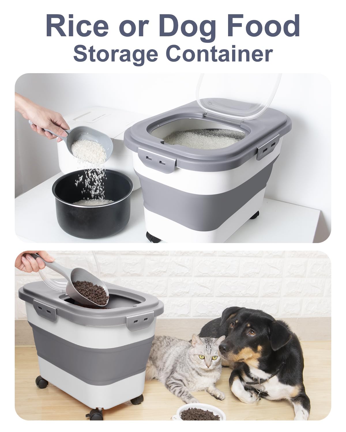 DDMOMMY 20-30 Lbs Rice Storage Container,Collapsible Food Storage Containers with Rolling Wheel Airtight Locking Lid,Flour Storage Container with Cup and Scoop,Suitable for Food,Rice,Pet Food,Flour