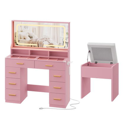 GAOMON Makeup Vanity Desk with Large Lighted Mirror, Vanity Desk with Glass Tabletop, 8 Drawers & 3 Storage Shelves, Vanity Set with Built-in Power Outlet for Bedroom & Dressing Area, Pink