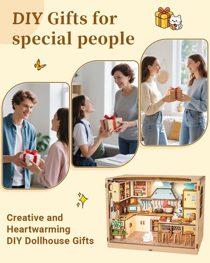 DIY Dollhouse Miniature House Kit 1:20 Scale Kictchen with LED Light, Tiny House Building Kit 3D Wooden Puzzle Crafts for Adults Home Decor Gift for Women Men