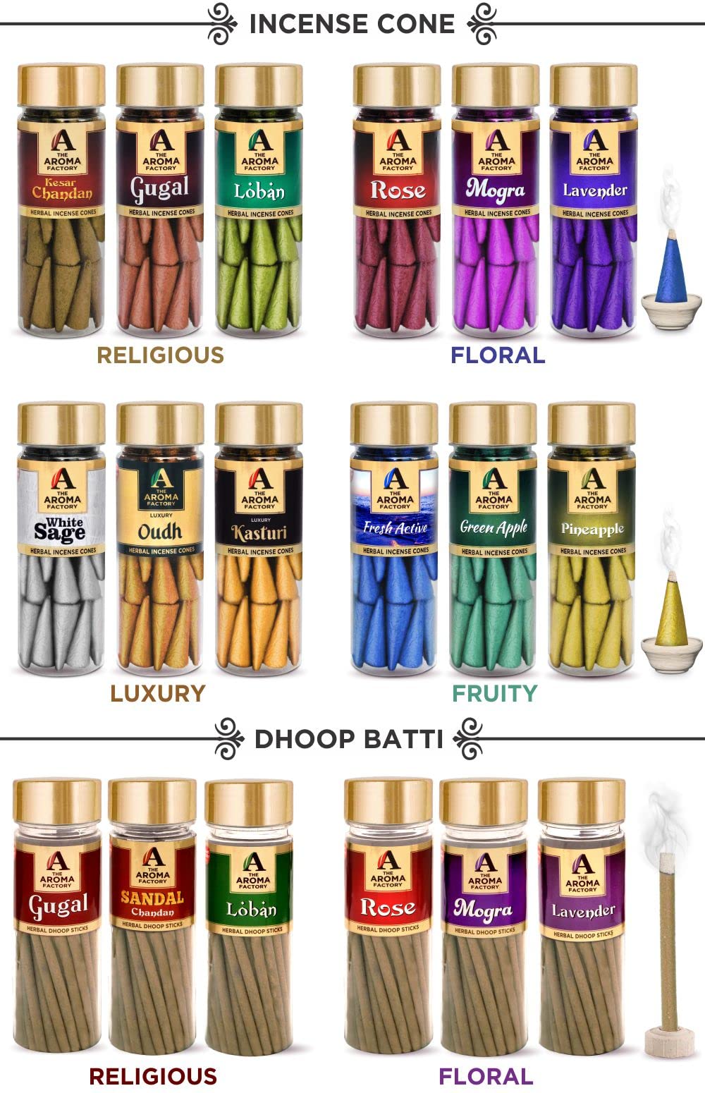 The Aroma Factory Incense Dhoop Cone White Sage (100% Herbal Leaves Healing & 0% Charcoal) 1 Bottle x 30 Cones
