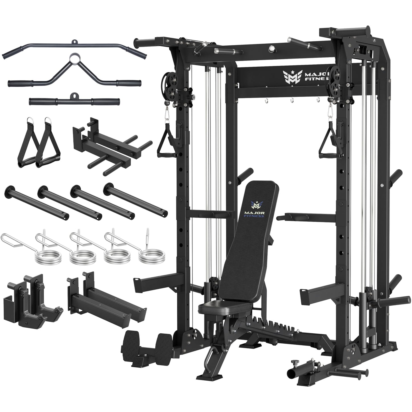 MAJOR FITNESS F22 Power Rack with Weight Bench – 1600lbs All-in-One Squat Rack with Cable Crossover, Dual Pulley, Heavy-Duty Steel Frame, Attachments & Storage for Home Gym Strength Training, Black