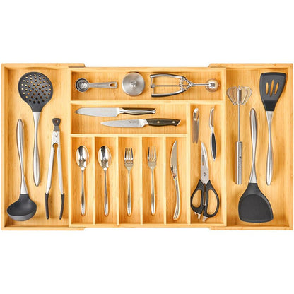 Umilife Extra Large Expandable Kitchen Siverware Utensils Drawer Organizer, 19" Deep for Big Drawer, Adjustable Bamboo Wood Drawer Divider with Curved Grooves, Cutlery Tray Flatware Holder