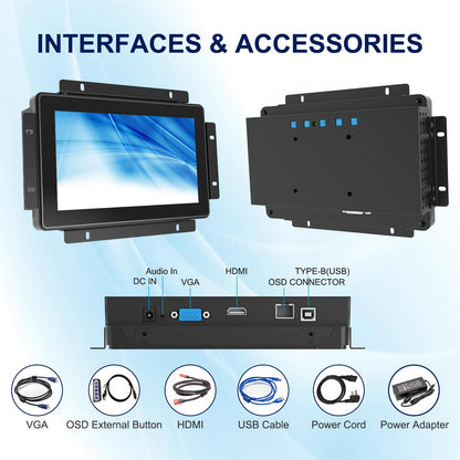 Bosunre 7 Inch Open Frame Touch Screen Monitor, 10-Point Capacitive Touch Display, 1024x600 Resolution, IP65 Industrial Monitor, Black Metal Housing, Open Bracket Mount for HMI Control Panels