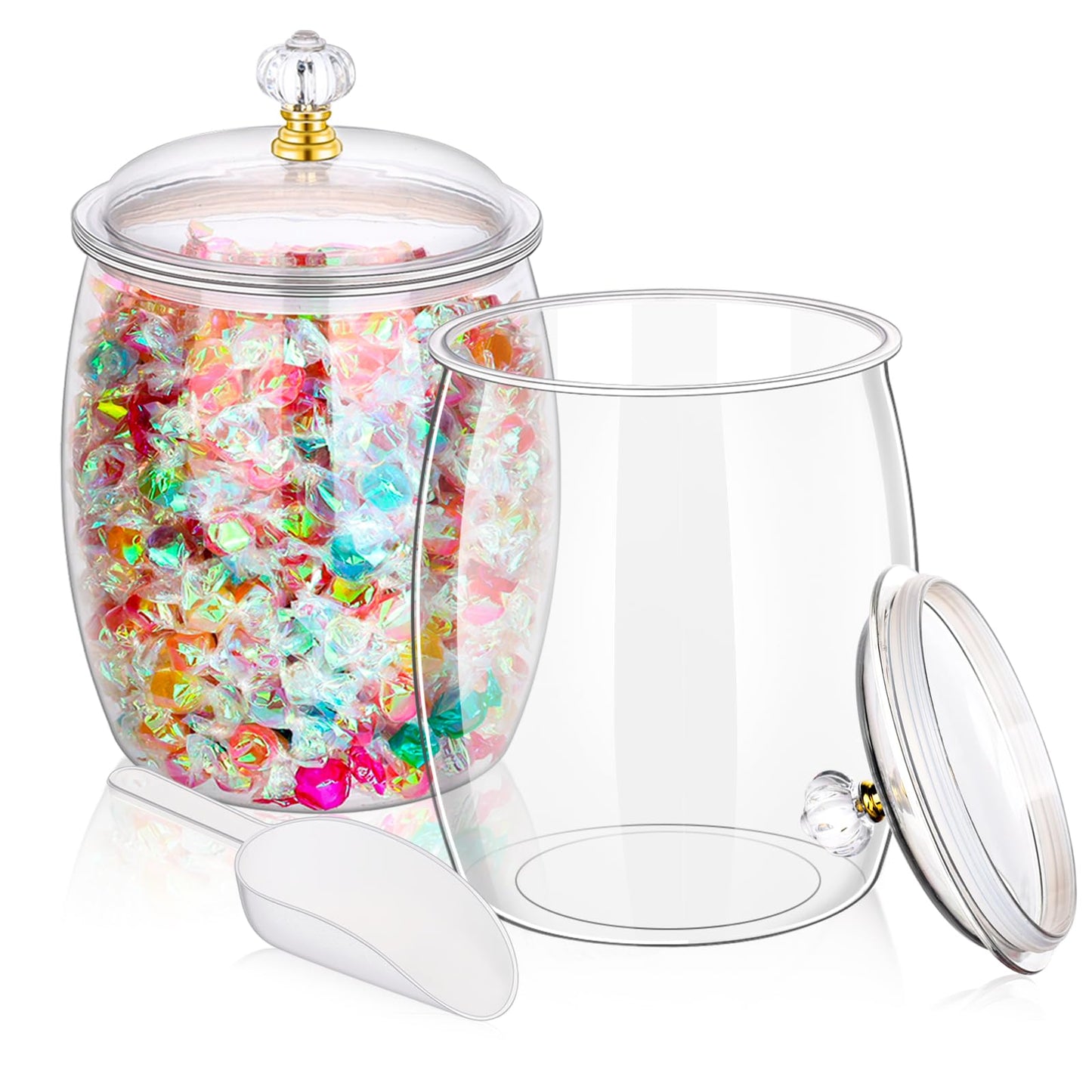 mwellewm 2Pcs 1 Gallon Candy Jars With Lids&Spoons Clear Plastic Cookie Container Large Airtight Apothecary Storage Organization Hard Snack Buffet Canister for Wedding Home Kitchen Bar Decoration