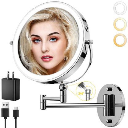 9" Wall Mounted Lighted Makeup Mirror,4000mAh Rechargeable Double Sided 1X/10X Magnifying Mirror with Light,Touch Dimmable,Extended Arm 360 Rotation Wall Mounted Makeup Mirror 3 Color Lights-Black
