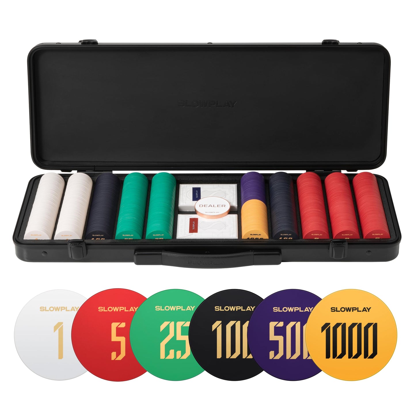 SLOWPLAY Godel Ceramic Poker Chips Set for Texas Hold'em, 500 PCS [with Numbered Values], 43mm & 12g Each | Features a High-end Chip case with Extra Durable German Polycarbonate Shell