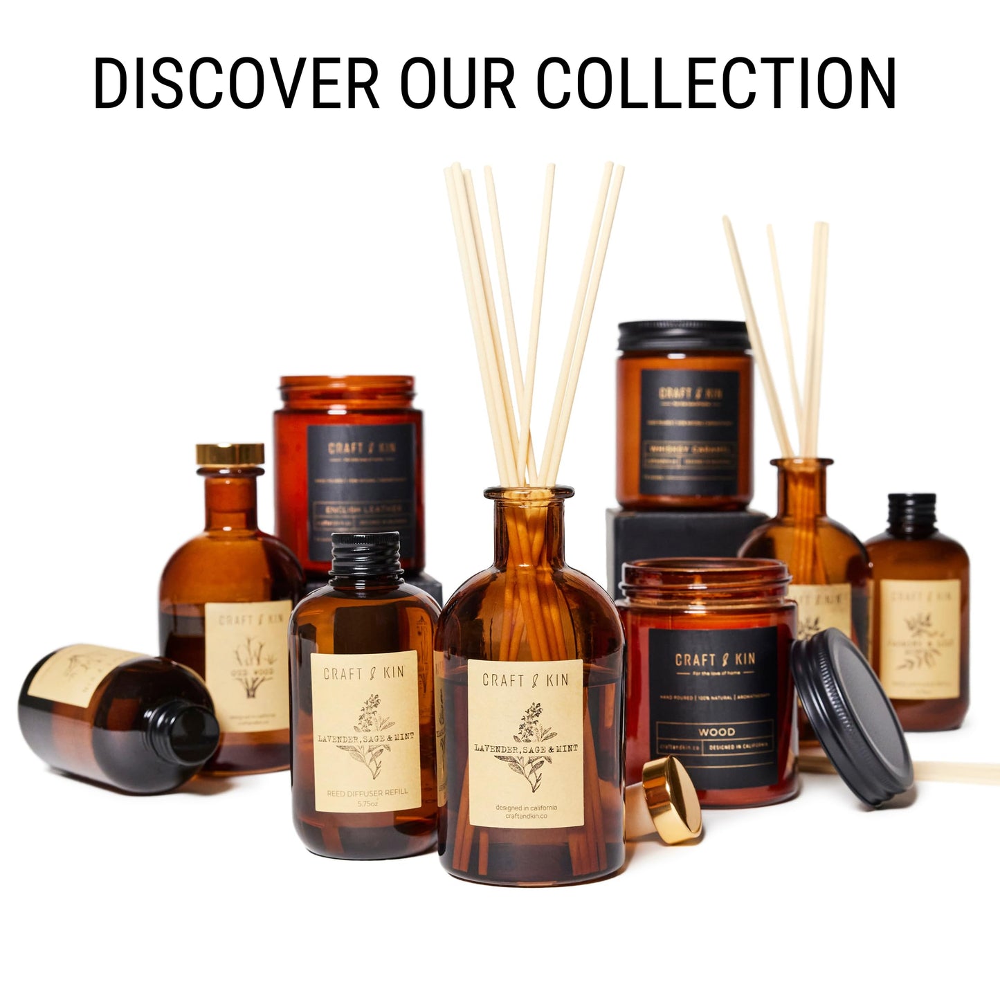 Craft & Kin Sage, Mint & Lavender Reed Diffuser | All Natural Essential Oil & 8 Rattan Scent Sticks | Reed Diffusers for Home, Bathroom | Long Lasting Home Fragrance in Amber Glass, 5.75oz