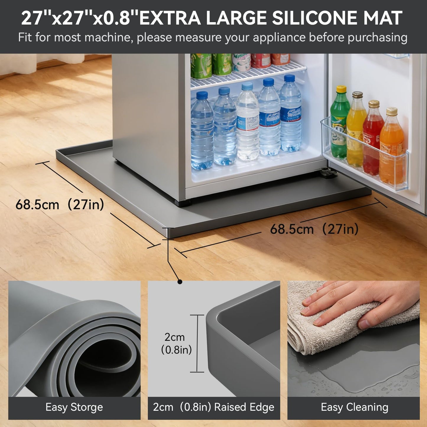 SKERTS Silicone Fridge & Washing Machine Mat 27"x27"x0.8" Non-Slip Spill-Proof Floor Protector with Raised Edges for Mini Fridge, Dishwasher, Pet Bowls, Dark Gray