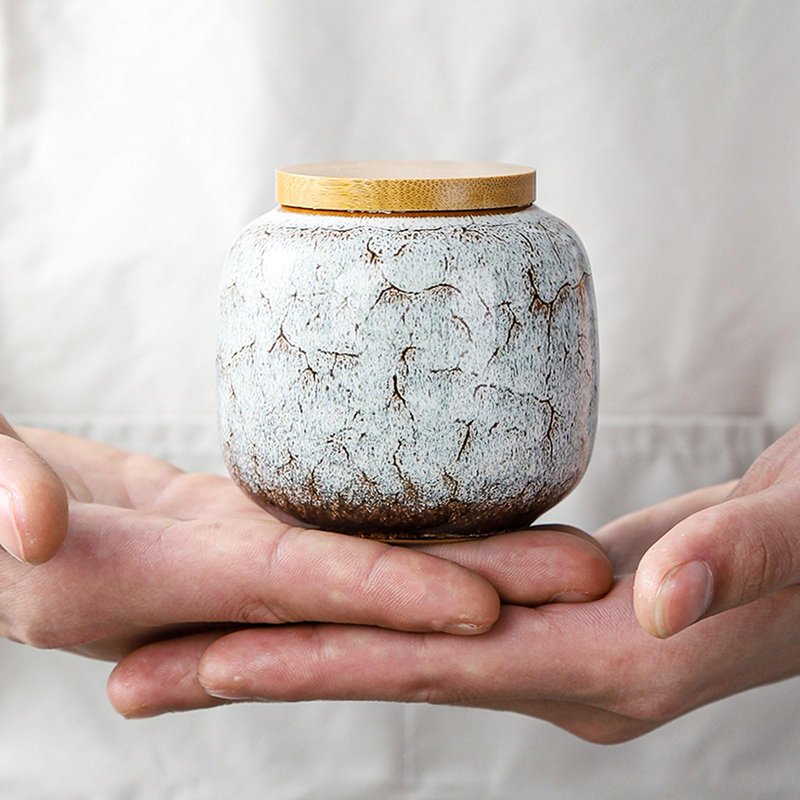 TkoYuHm 6oz Flambe Glaze Ceramic Loose Tea Canister Vintage Storage Jars with Airtight Wooden Lid Green Matcha Tin Container for Coffee Beans Condiments