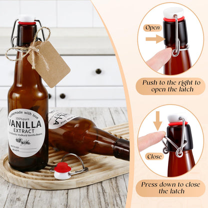Dyrfolm 8 Pack 11 Oz Swing Top Glass Bottles Set - Glass Bottles for Vanilla Extract with Caps, Labels, Twine, Funnel & Brush, Reusable Flip Top Bottles for Home Brewing, Oil, Beer, Tea & DIY Crafts