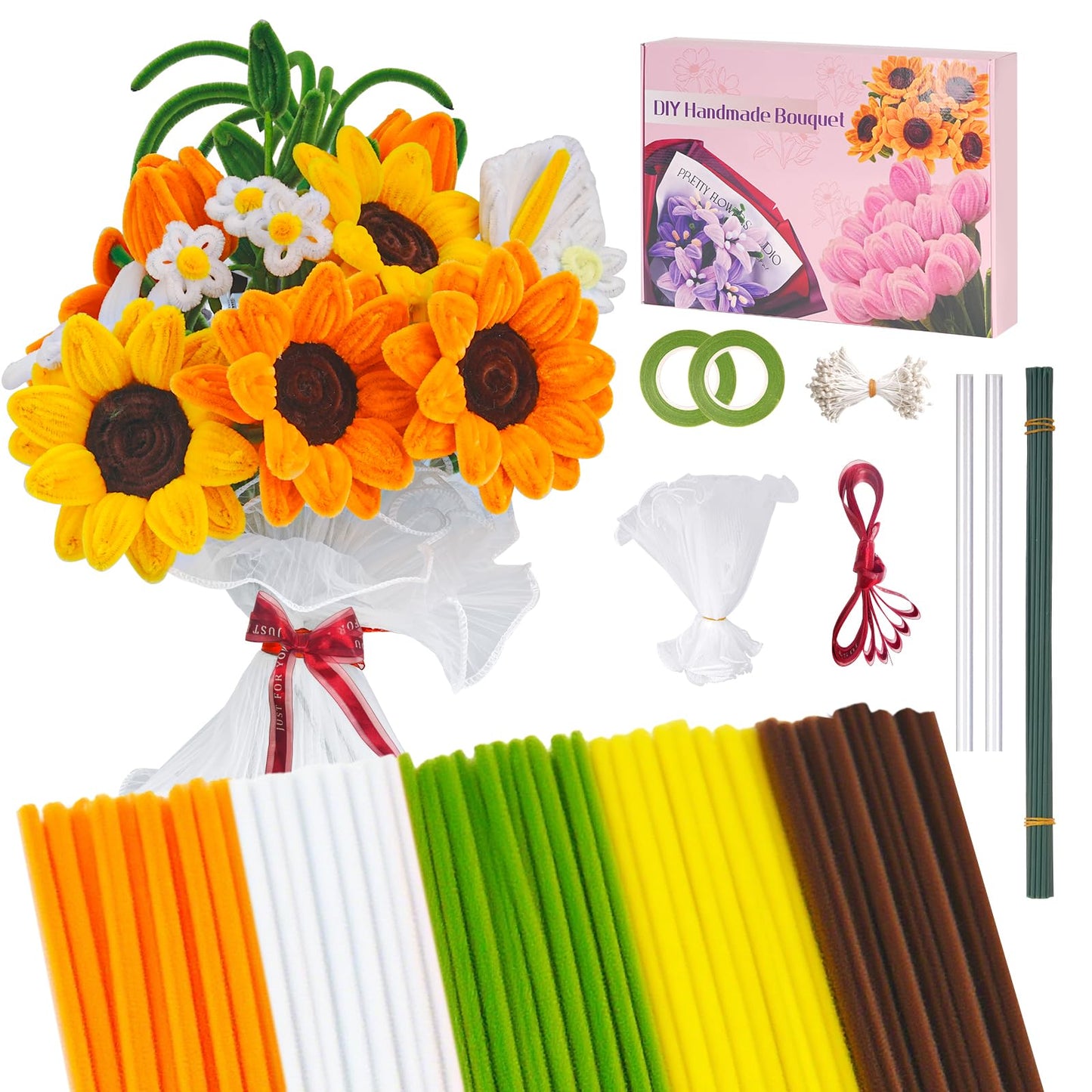 SZXYMUQI 500pcs Pipe Cleaners Craft Kit for Flower Making Sunflower DIY Material Bundle with 20 Stems, 100 Stamens, Ribbon, Tulle, Glue Sticks All-in-One Chenille Stems Art Supplies for Adults Gift