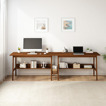 NELYE 2-Person Writing Desk with Bookshelf - 110" Wooden Extra Long Home Office Work Table, Double Study Computer Workstation with Storage Shelves in Walnut, 110" W x 24" D