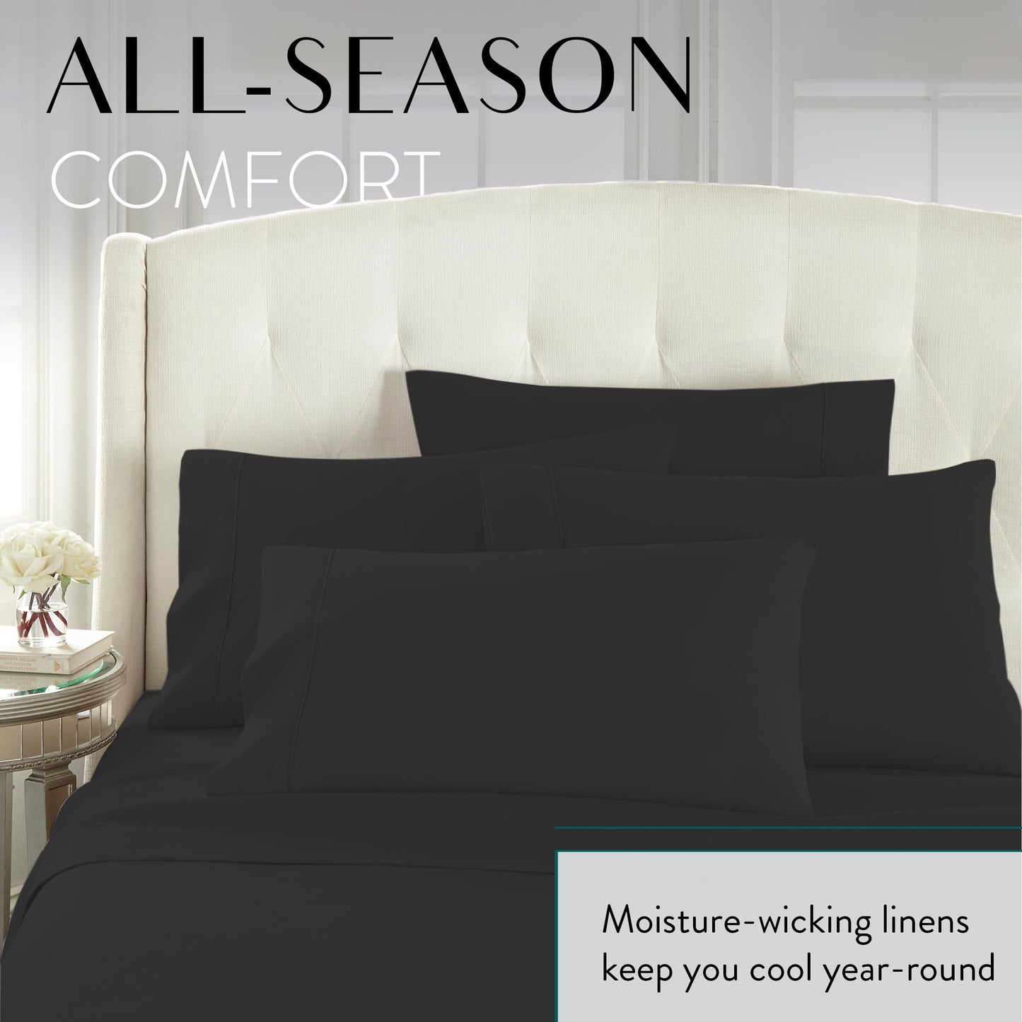 Danjor Linens Bed Sheet Set Queen Size for Hot Sleepers, Hotel Premium Sheets with 4 Pillowcases, Lightweight Brushed Microfiber Deep Pockets, Breathable Cooling 6 Piece Bedding Sets, Black