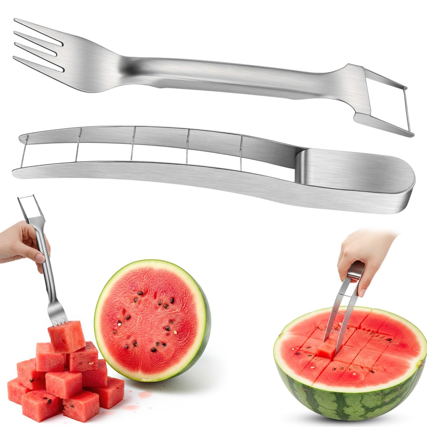 LemonRoad 2 Pcs Watermelon Cutter Slicer Set, 2-in-1 Stainless Steel Fruit Cutter with Fork & Watermelon Cutters Tool for Easy Cubes, Quickly Melon Slicer Tool Set for Home Party Camping Kitchen