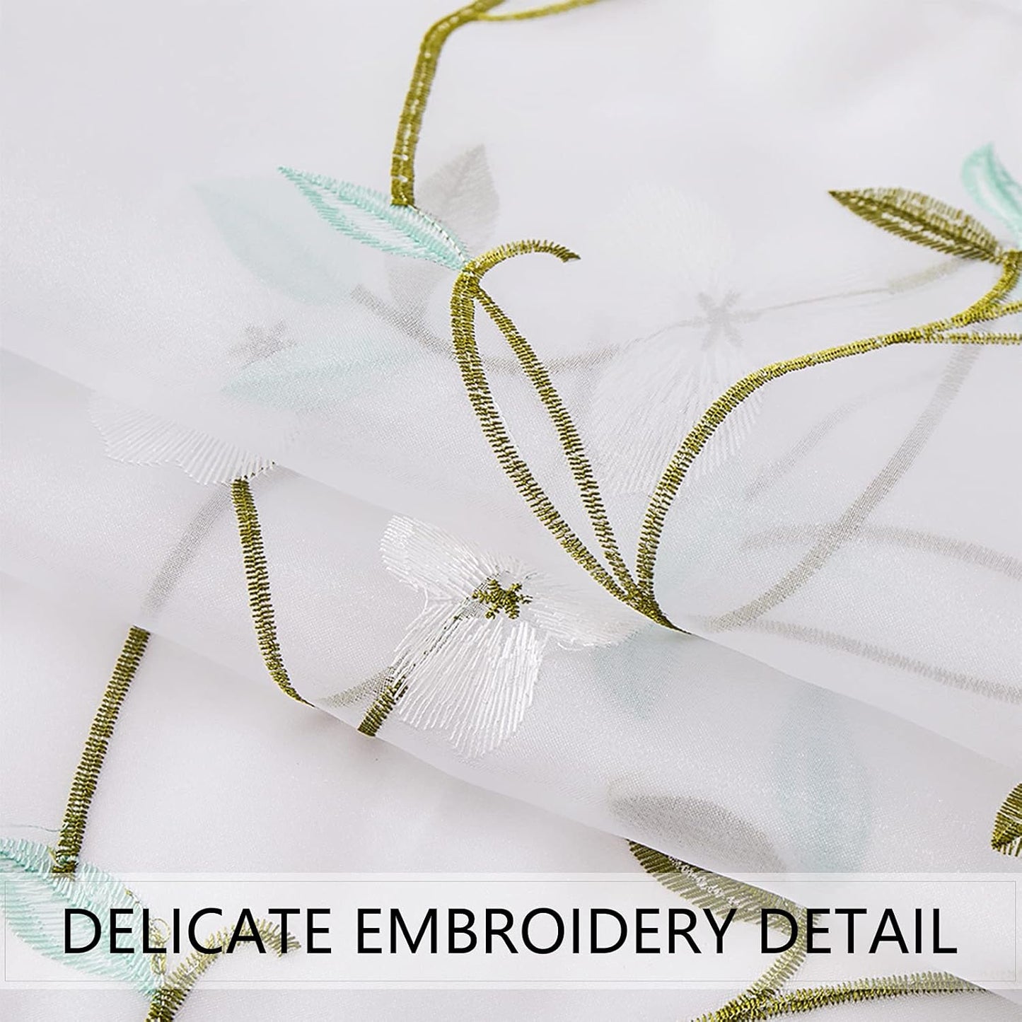MRTREES Voile Sheer Tier Curtains, Floral Embroidered Kitchen Tiers Rod Pocket, White (2 Panels, 30x36 Inches)