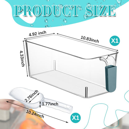 Havawish Ice Bin and Flexible Scoop Set Plastic Freezer Ice Bin with Pull out Handle Storage Bucket Clear for Container with Bucket Scoop(Dark Blue, Clear,10.83 x 4.92 x 4.33 in)