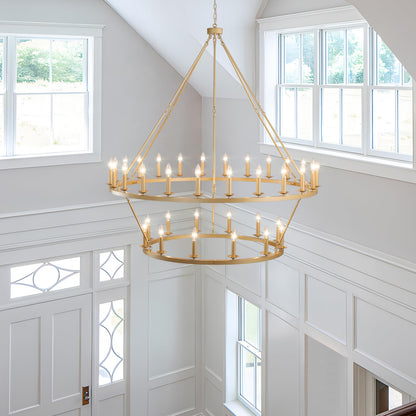 QJMPP Gold Wagon Wheel Chandelier 2 Tier 53-Inch 36-Light,Extra Large Circle Rustic Farmhouse Light Fixture,Round Metal Chandeliers for Foyer Entryway Dining Room Living Room High Ceilings