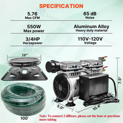 iMeshbean Pond Aerators 5.76CFM Pond & Lake Aeration System for Up to 3 Acres 50' Lake, 3/4 HP Air Compressor with a 100' Weighted Tubing & 2 Diffusers for Deep Water Oxygen Circulation