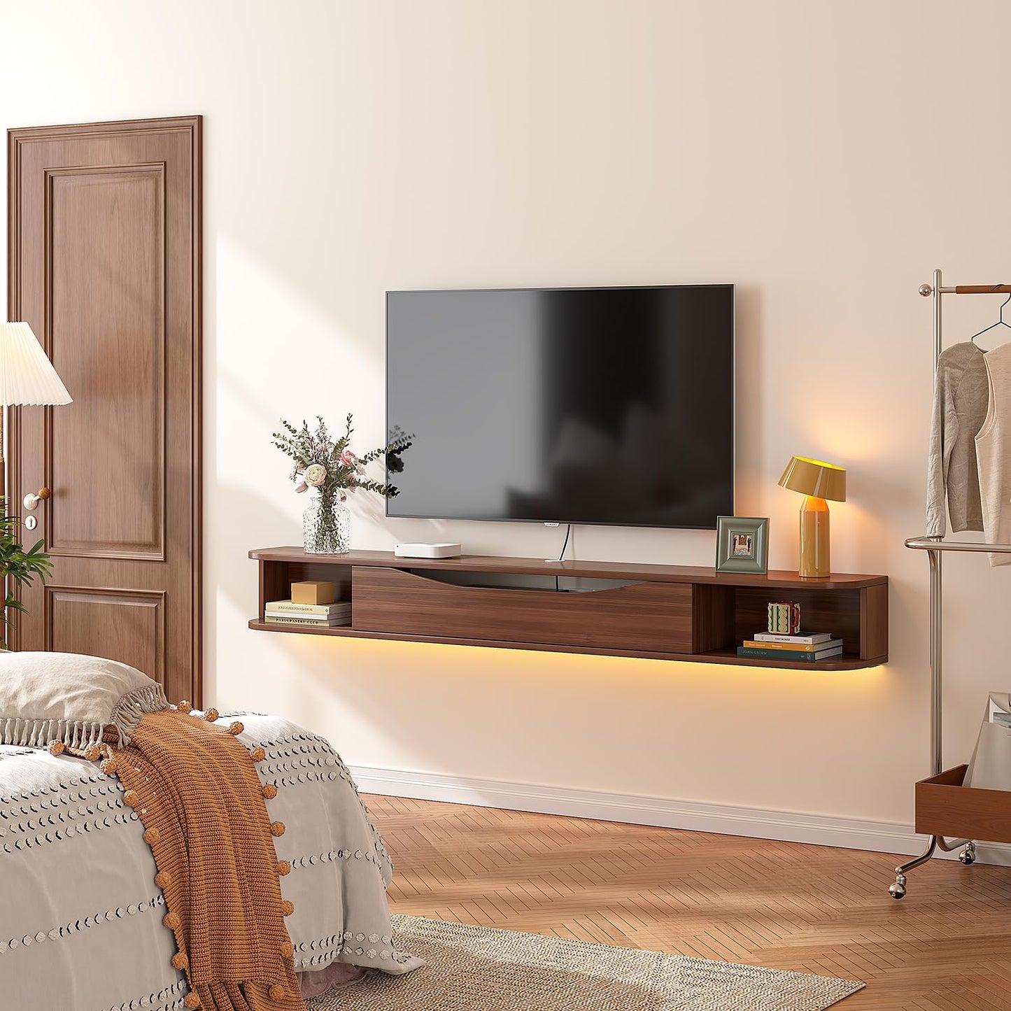 FurniNova Floating TV Stand,94'' Wall Mounted TV Cabinet,Floating TV Console,Under TV Shelf with 1 Door and 2 Cabinets for TVs up to 90''(Walnut)