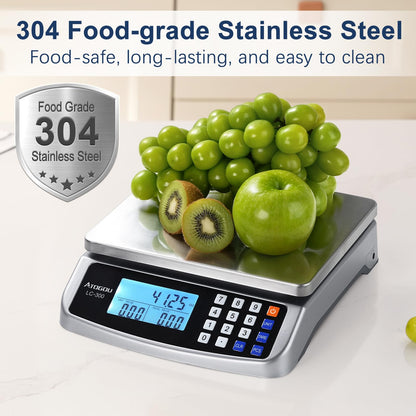 Atogou 110lb Food Scale, Commercial Kitchen Scale with Price Computing, Plug-in Usable, 0.05oz/1g, 304 Stainless Steel, for Cooking, Vegetables, Farm, Industry, Counting. LC300 Silver