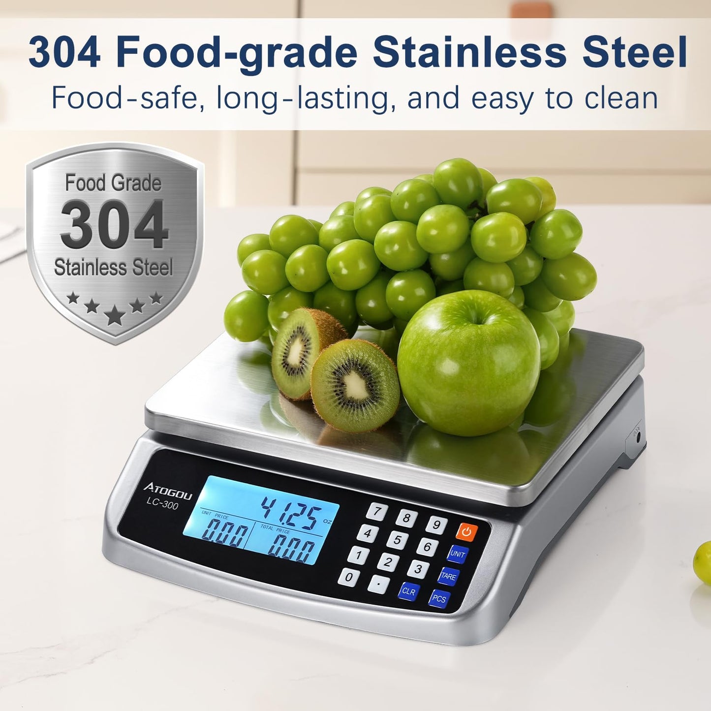 Atogou 66lb Food Scale, Commercial Kitchen Scale with Price Computing, Plug-in Usable, 0.05oz/1g, 304 Stainless Steel, for Cooking, Vegetables, Farm, Industry, Counting. LC300 Silver