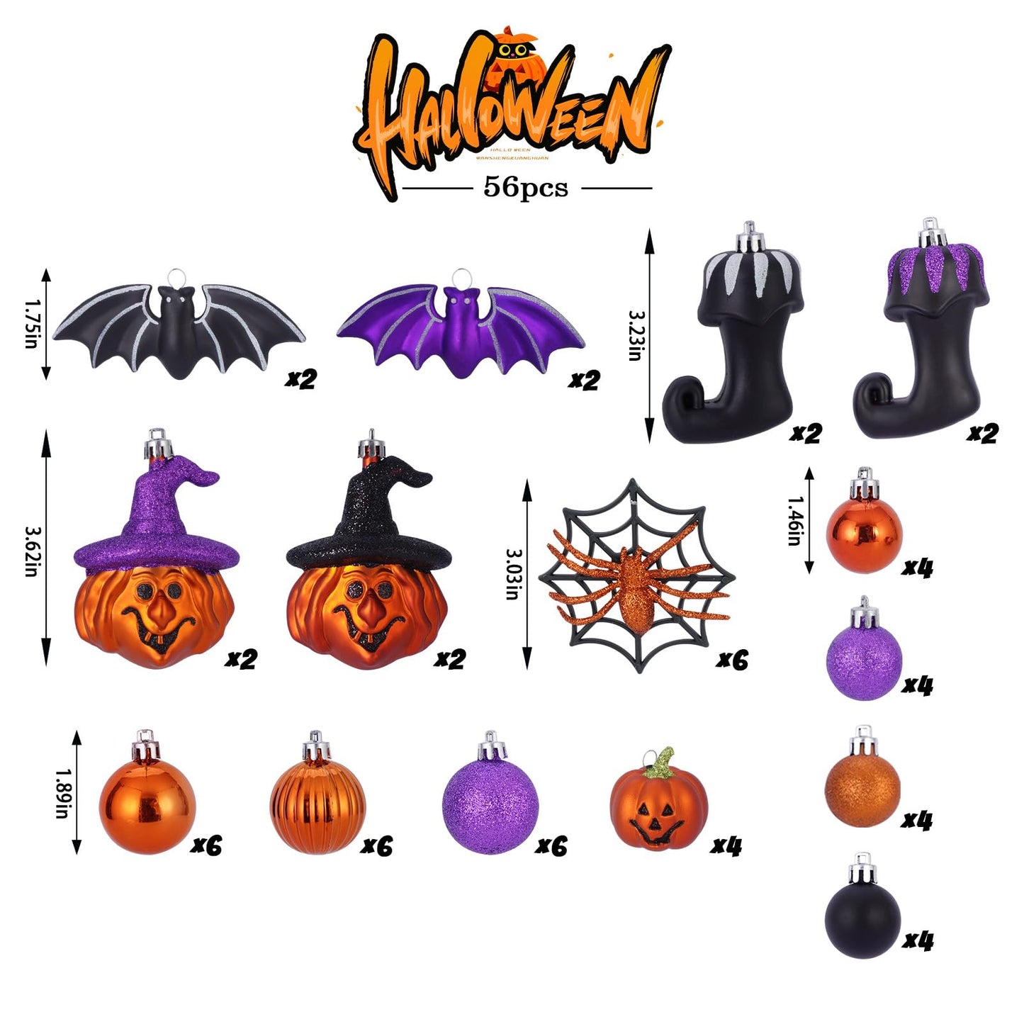 56pcs Halloween Hanging Ornaments for Tree Decorations, Shatterproof Plastic Hanging Halloween Ball Pendants with Pumpkin, Witches Hat Signs, Halloween Tree Decor Party, Holiday, Home (Multi New)
