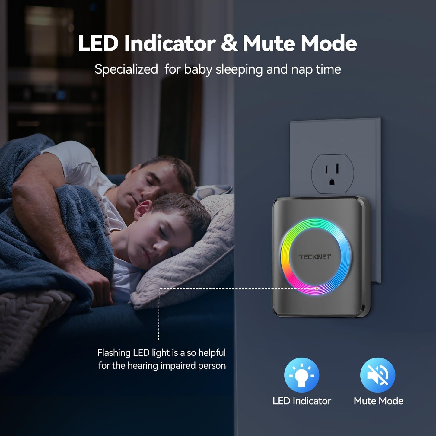 TECKNET Wireless Doorbell, Door Bell 0-120dB, 1300 ft Wireless Range, IP65 Waterproof Classroom Doorbells, 60 Chimes & 5 Volume Levels, RGB Light for Home Kid Room Office Hearing Impaired