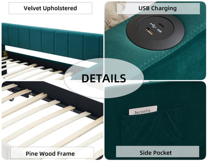 KEIKI Twin Velvet Corner Daybed with Liftable Trundle, USB Charging, Pockets, Converts to King Size, Upholstered Headboard Captain Sofa Day Bed Frames for Small Room, Bedroom, Kids' Room, Emerald