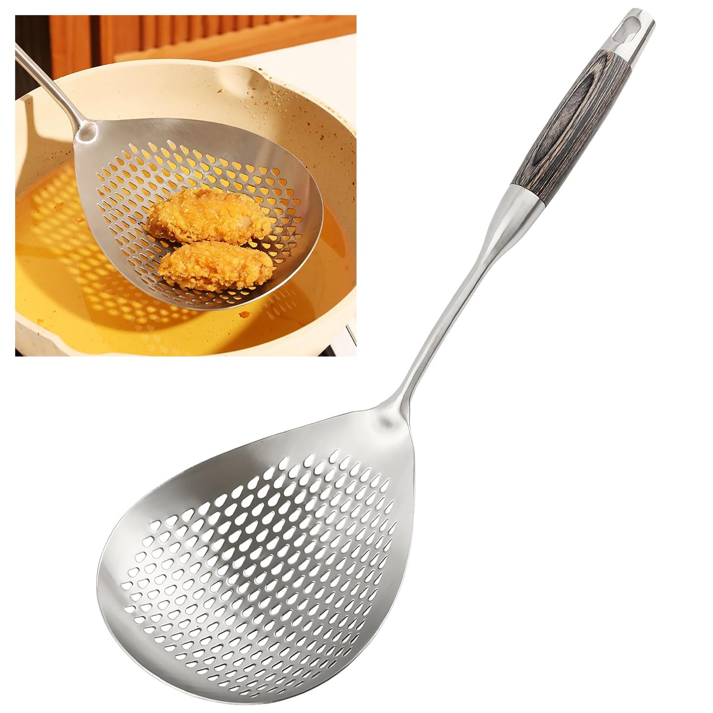 GLENDAVENY 304 Stainless Steel Skimmer Slotted Spoon, Spider Strainer Skimmer Ladle Spoon for Cooking and Frying, Pasta, Spaghetti, 5.8 inch, Dishwasher safe
