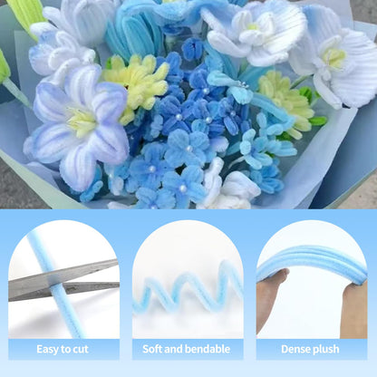 500 Pcs Pipe Cleaners Craft，Pipe Cleaner Bulk Flower Kit，6 Colors Chenille Stems Flower Kit for DIY Handmade Whit Ribbons，Stems,Tape，Stamens, Glue Sticks，Gift for Art Project Activity (Blue)