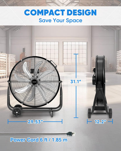 KEN BROWN 24 Inch Industrial Drum Fan, High Velocity Floor Shop Fan, Heavy Duty, 9500 CFM, 8 Blades, 3 Speeds, 360 Degree Tilt, Ideal for Industrial, Commercial, Gym, Garage Use, Black