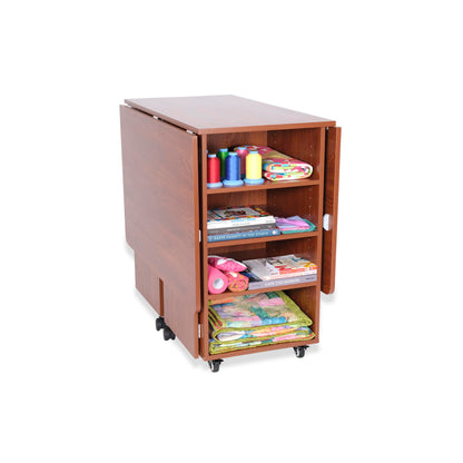 Kangaroo Kookaburra Cutting Table – Large Sewing, Quilting & Craft Workstation with Expandable 70” x 40” Surface, Storage Drawers, Shelves & Rolling Locking Casters, Teak Finish