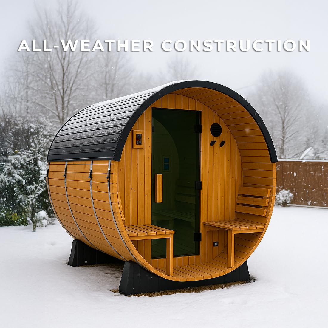 Backyard Discovery Paxton 4-6 Person Traditional Cedar Outdoor Barrel Sauna with Electric Sauna Heater, Front Porch, Sauna Rocks, Dry Heat, Steam Sauna, LED Lights, Wi-Fi Panel, Sauna Accessories