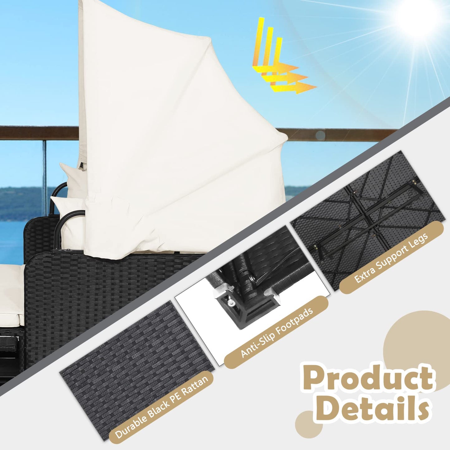 Tangkula Patio Rattan Daybed with Retractable Canopy, Outdoor Wicker Sunbed Lounger with 2 Foldable Side Tables, Thick Seat & Back Cushions, Double Daybed for Garden, Backyard, Porch (Off White)