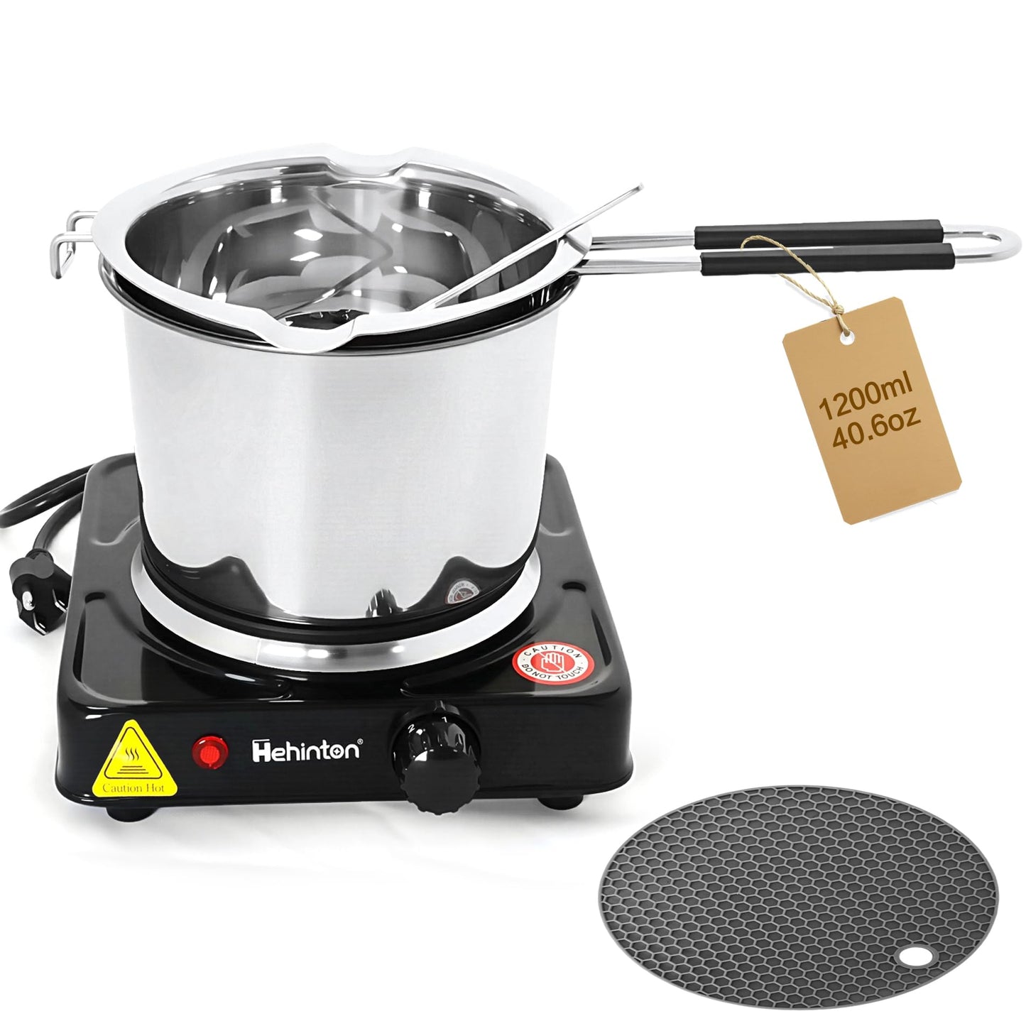 Hehinton Professional Double Boiler Pot 1200ML/40.6OZ, 304 Stainless Steel Chocolate Melting Pot with 1000W Electric Hot Plate, Multi-Functions Warming Melting Pots for Wax Soap Base Candy Cheese Butter