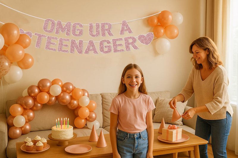 OMG UR A TEENAGER Banner – 13th Birthday Decorations for Girls, Rose Gold Glitter Happy 13th Bday Party Decor, Pre-Strung Teen Girl Birthday Decorations for 13 Year Old Girl