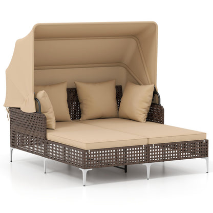 HAPPYGRILL Outdoor Daybed with Retractable Canopy, PE Wicker Rattan Patio Double Chaise Lounger with Cushions, Outside Sunbed Furniture for Garden, Poolside and Backyard (Beige)