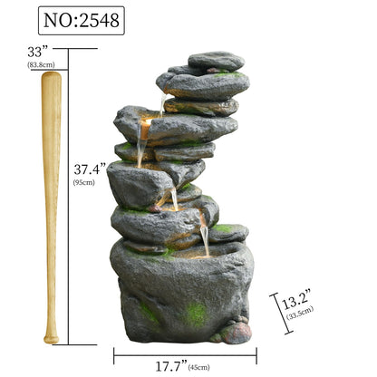 38" Outdoor Garden Water Fountain with Lights 5 Tiers Cascading Large Waterfall Floor Standing Fountain for Patio, Backyard, Deck, Porch and Home Art Decor