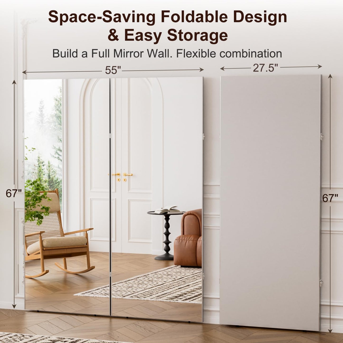 HDmuxel Space-Saving 360° Folding Full Length Mirror, 55" x 67" Oversized Standing/Leaning Mirror, Shatterproof, Lightweight Design for Home Gym, Yoga Studio, Dance Studio, Fitness Studio (Silver)